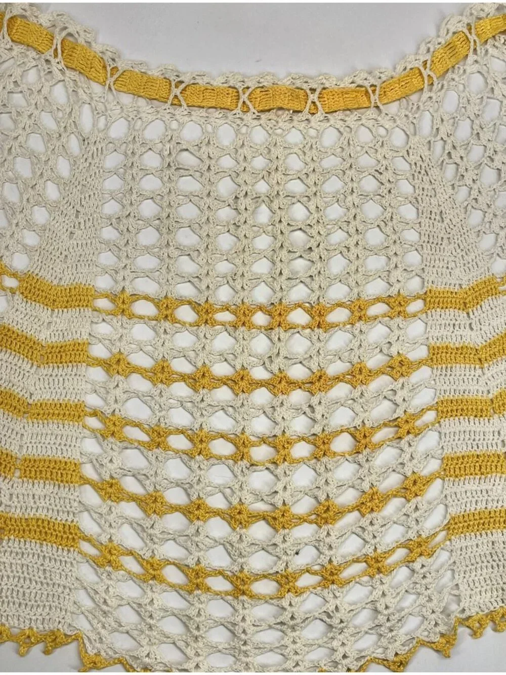 Vintage Crochet Half Apron Yellow Ivory Chevron Stripe Tie Back Halter Top